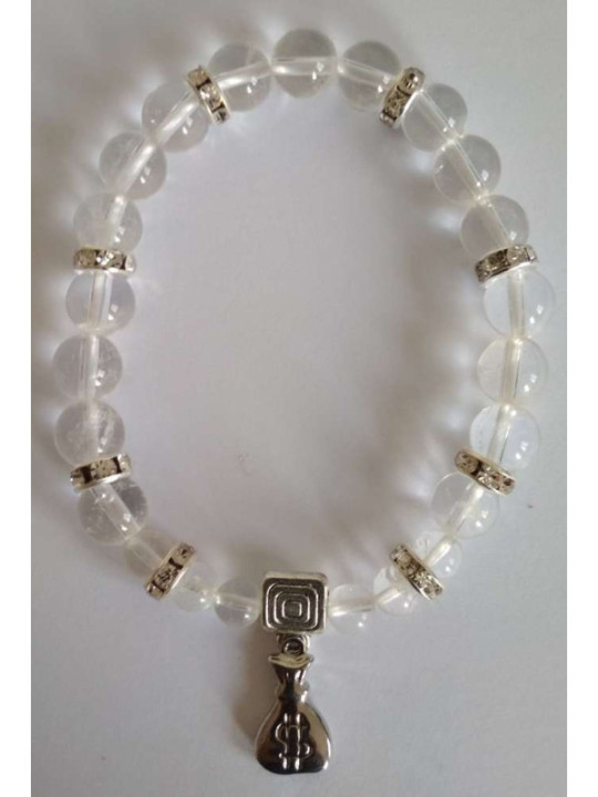 Pulsera Mineral Cuarzo Cristal con Morralito del Dinero