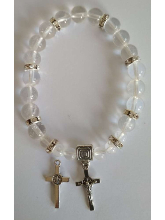 Pulsera Mineral Cuarzo Cristal con Cruz de San Benito