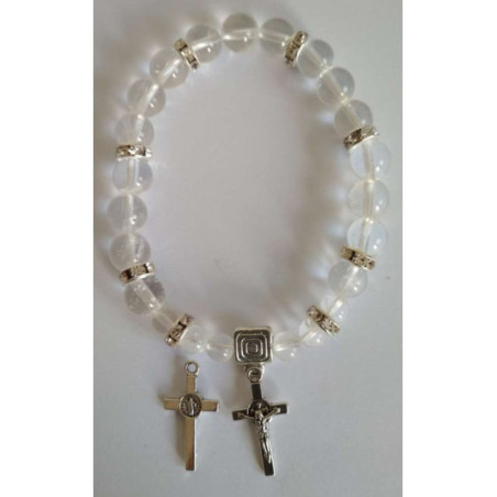 Pulsera Mineral Cuarzo Cristal con Cruz de San Benito