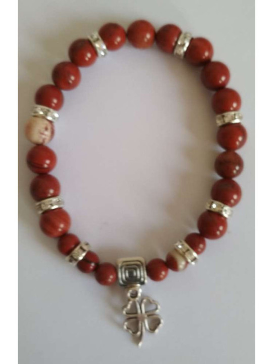 Pulsera Mineral Jaspe Rojo con Trébol de la Suerte