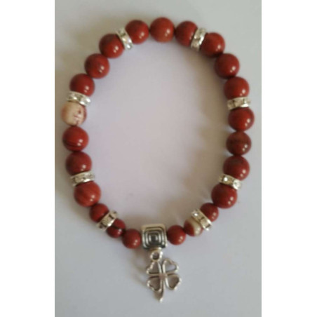 Pulsera Mineral Jaspe Rojo con Trébol de la Suerte