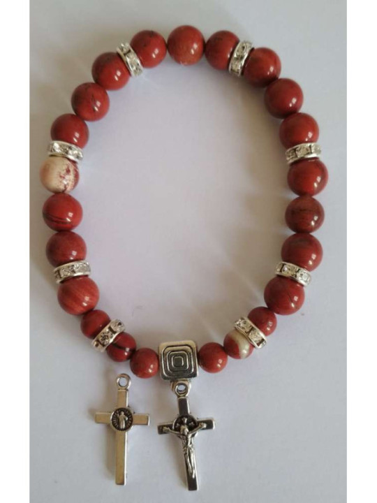 Pulsera Mineral Jaspe Rojo con Cruz de San Benito, Protección