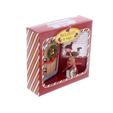 Figura Navideña Puerta color Madera y Tarro de los Deseos. 10,5 cm alto x 7 cm ancho
