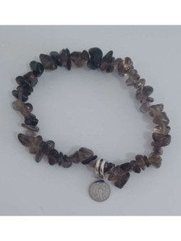 Pulsera Chip Cuarzo Ahumado con Medalla San Benito, Protección