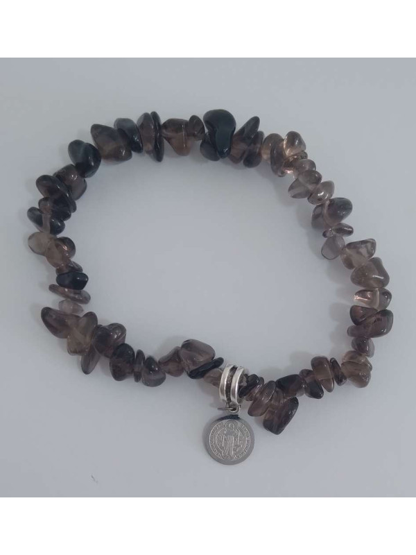Pulsera Chip Cuarzo Ahumado con Medalla San Benito, Protección