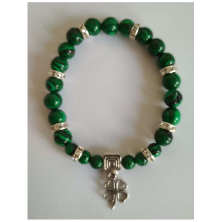 Pulsera Mineral Malaquita con Trébol de la Suerte