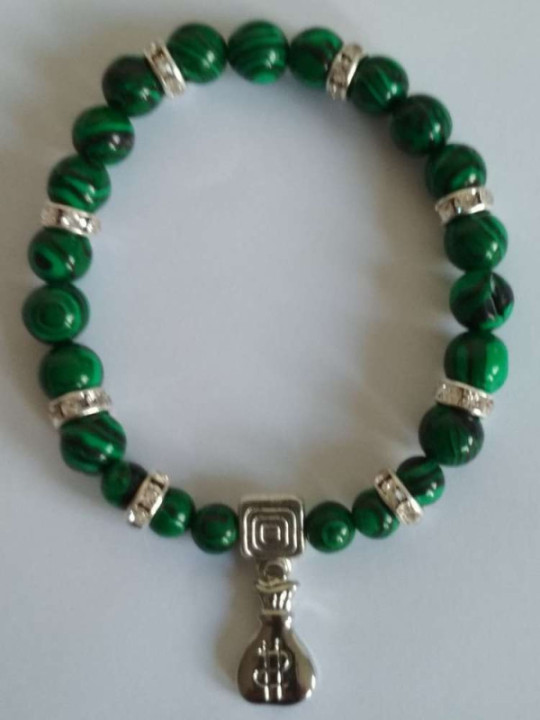Pulsera Mineral Malaquita con Morralito del Dinero