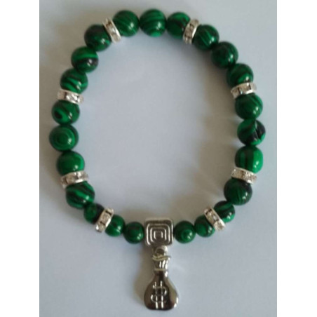 Pulsera Mineral Malaquita con Morralito del Dinero