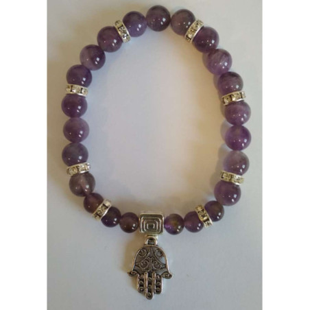 Pulsera Mineral Amatista con Mano de Fatima