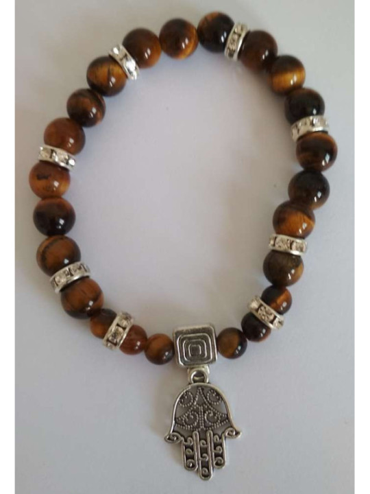 Pulsera Mineral Ojo Tigre con Mano de Fátima, Protección