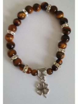 Pulsera Mineral Ojo Tigre con Trébol de la Suerte