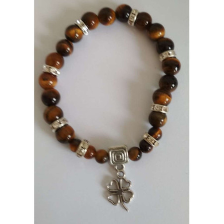 Pulsera Mineral Ojo Tigre con Trébol de la Suerte