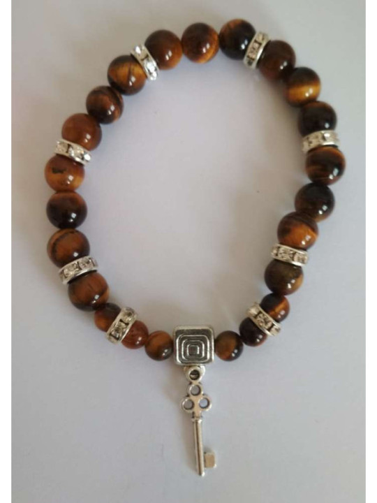 Pulsera Mineral Ojo Tigre con Llave Abrecaminos