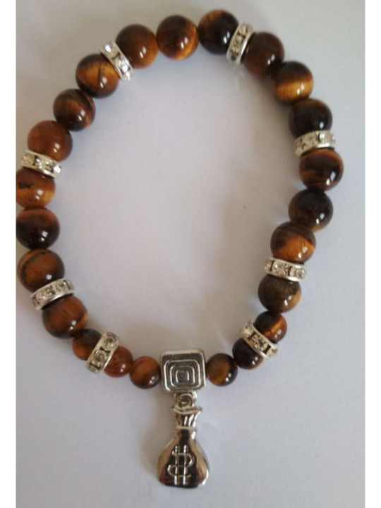 Pulsera Mineral Ojo Tigre con Morralito del Dinero
