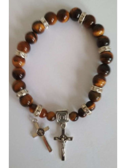 Pulsera Mineral Ojo Tigre con Cruz de San Benito