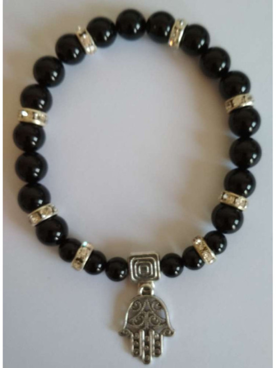 Pulsera Mineral Turmalina Negra con Mano de Fátima, Protección