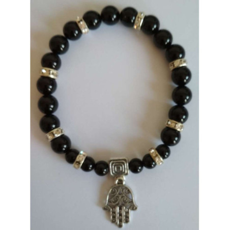 Pulsera Mineral Turmalina Negra con Mano de Fátima, Protección