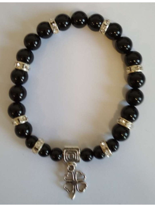 Pulsera Mineral Turmalina Negra con Trébol de la Suerte