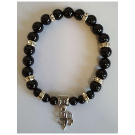 Pulsera Mineral Turmalina Negra con Trébol de la Suerte