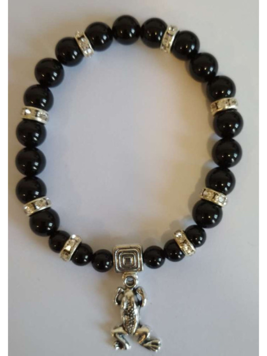 Pulsera Mineral Turmalina Negra con Rana de la Suerte