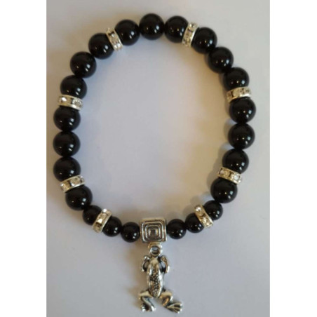 Pulsera Mineral Turmalina Negra con Rana de la Suerte
