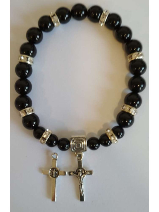 Pulsera Mineral Turmalina Negra con Cruz San Benito, Protección