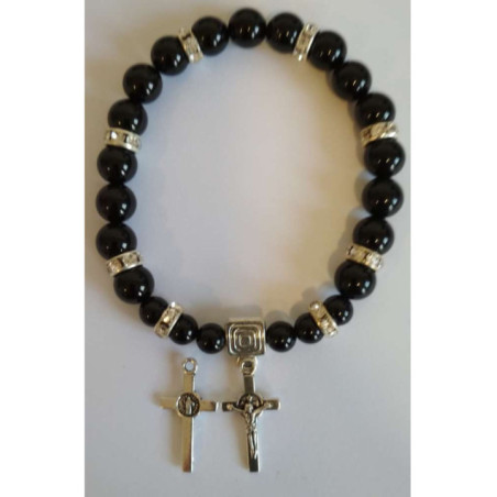 Pulsera Mineral Turmalina Negra con Cruz San Benito, Protección