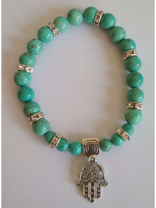 Pulsera Mineral Turquesa con Mano de Fátima, Protección.