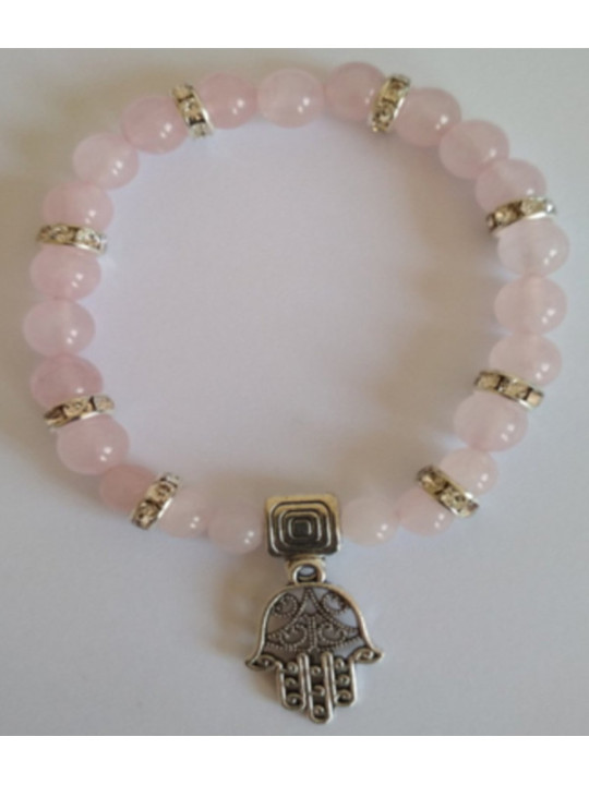 Pulsera Mineral Cuarzo Rosa con Mano de Fátima, Protección