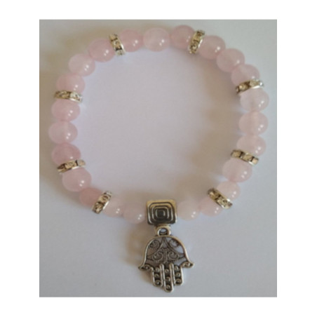 Pulsera Mineral Cuarzo Rosa con Mano de Fátima, Protección