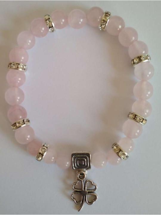 Pulsera Mineral Cuarzo Rosa con Trébol de la Suerte en el Amor