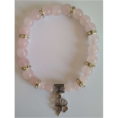 Pulsera Mineral Cuarzo Rosa con Trébol de la Suerte en el Amor