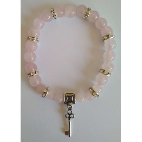 Pulsera Mineral Cuarzo Rosa con Llave Abrecaminos en el Amor