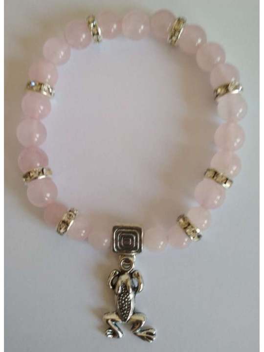 Pulsera Mineral Cuarzo Rosa con Rana, Suerte en el Amor