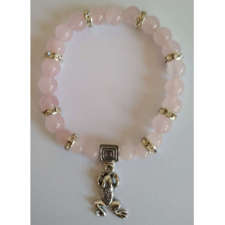 Pulsera Mineral Cuarzo Rosa con Rana, Suerte en el Amor