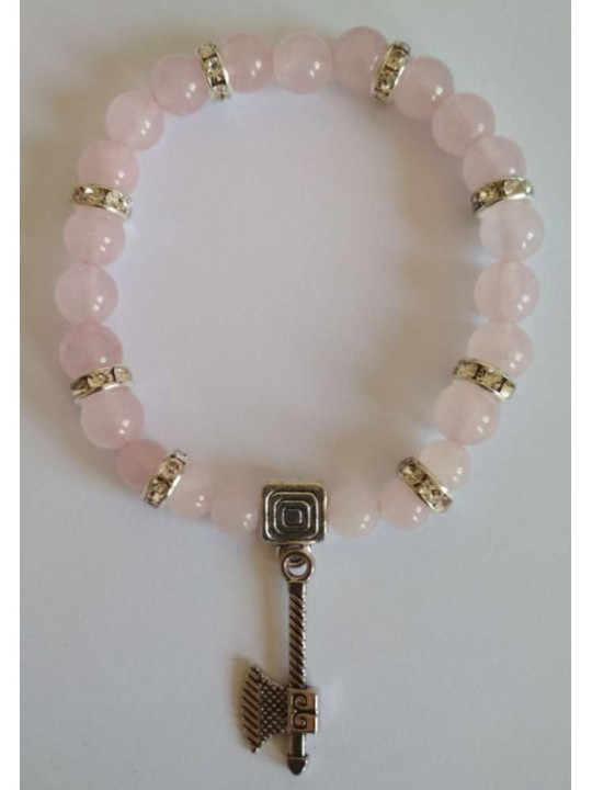 Pulsera Mineral Cuarzo Rosa con Hacha Celta