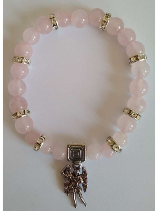Pulsera Mineral Cuarzo Rosa con San Miguel, Protección en el Amor