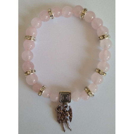 Pulsera Mineral Cuarzo Rosa con San Miguel, Protección en el Amor