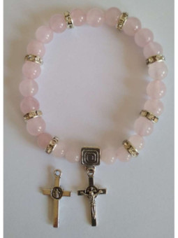 Pulsera Mineral Cuarzo Rosa con Cruz de San Benito