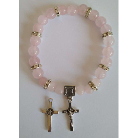 Pulsera Mineral Cuarzo Rosa con Cruz de San Benito