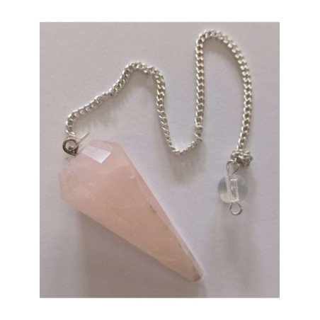 Producto pequeña tara. Péndulo Mineral Faceteado Cuarzo Rosa de 3 a 4 cm. mal acabado.