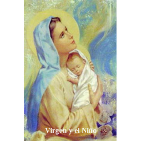 Estampa Plastificada Virgen Maria Con el Niño, de 5x7,5cm.