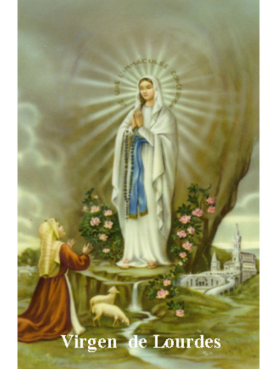 Estampa Plastificada Virgen de Lourdes, de 5x7,5cm.