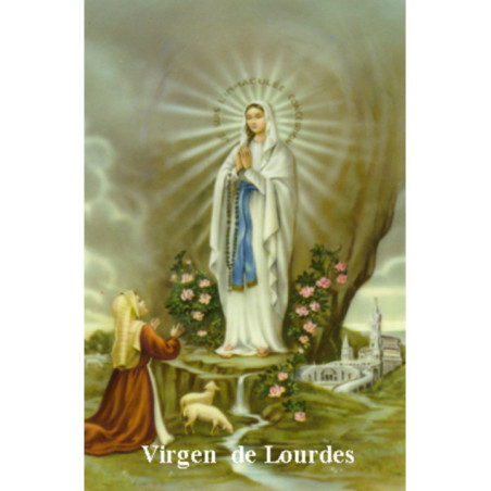 Estampa Plastificada Virgen de Lourdes, de 5x7,5cm.