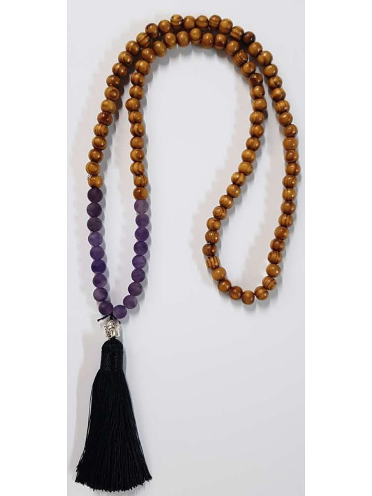 Collar Budista de Madera y Amatista con Amuleto de Buda