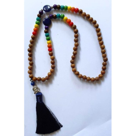 Collar Budista 7 Chakras de Madera y Sodalita con Amuleto de Buda