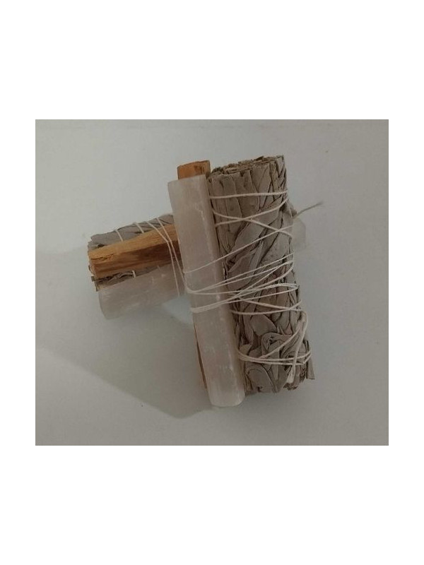 Atadillo de Salvia Blanca con Palo Santo y Selenita. +-10cm. Purificación y Protección.