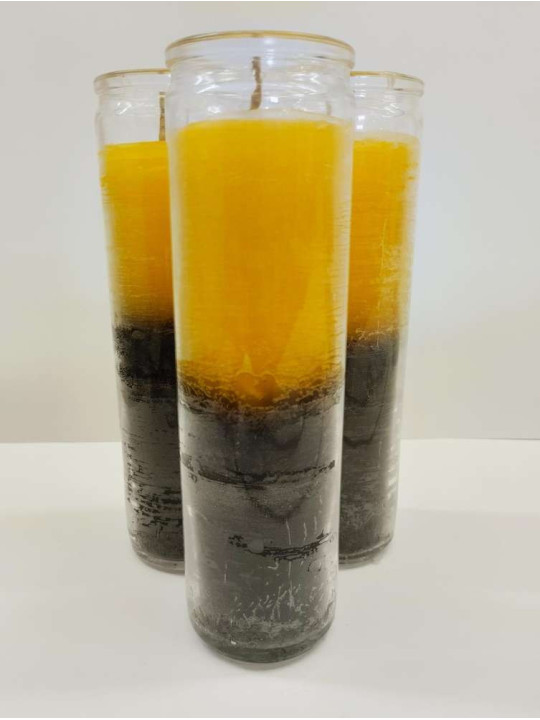 Auténtico Velón Esotérico Negro-Amarillo en Vaso de Cristal Grueso
