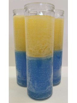 Auténtico Velón Esotérico Azul-Amarillo en Vaso de Cristal Grueso
