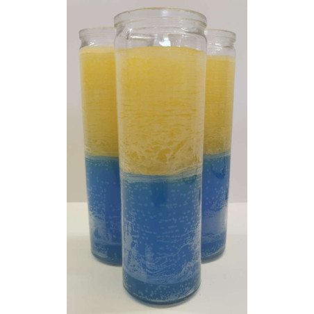 Auténtico Velón Esotérico Azul-Amarillo en Vaso de Cristal Grueso